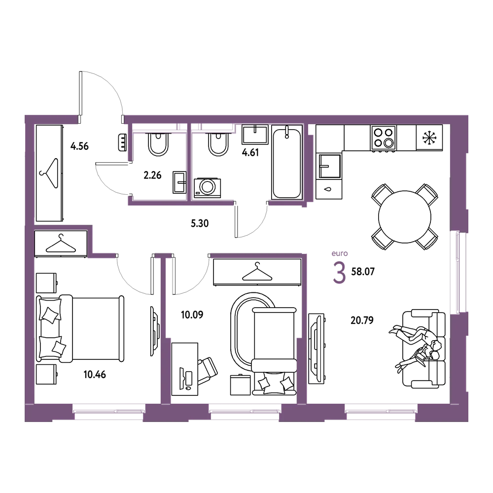 Планировка: Евротрёшка 58,07 м²