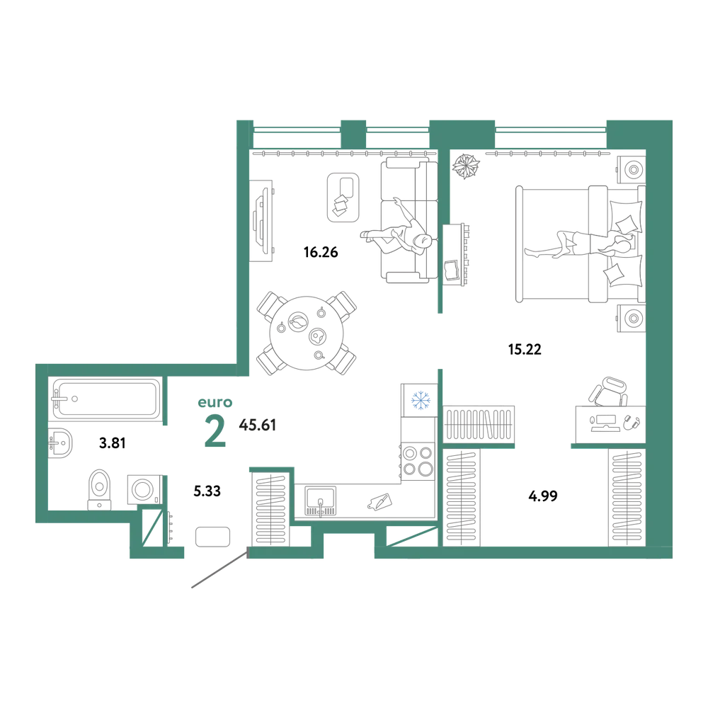 Планировка: Евродвушка 45,61 м²