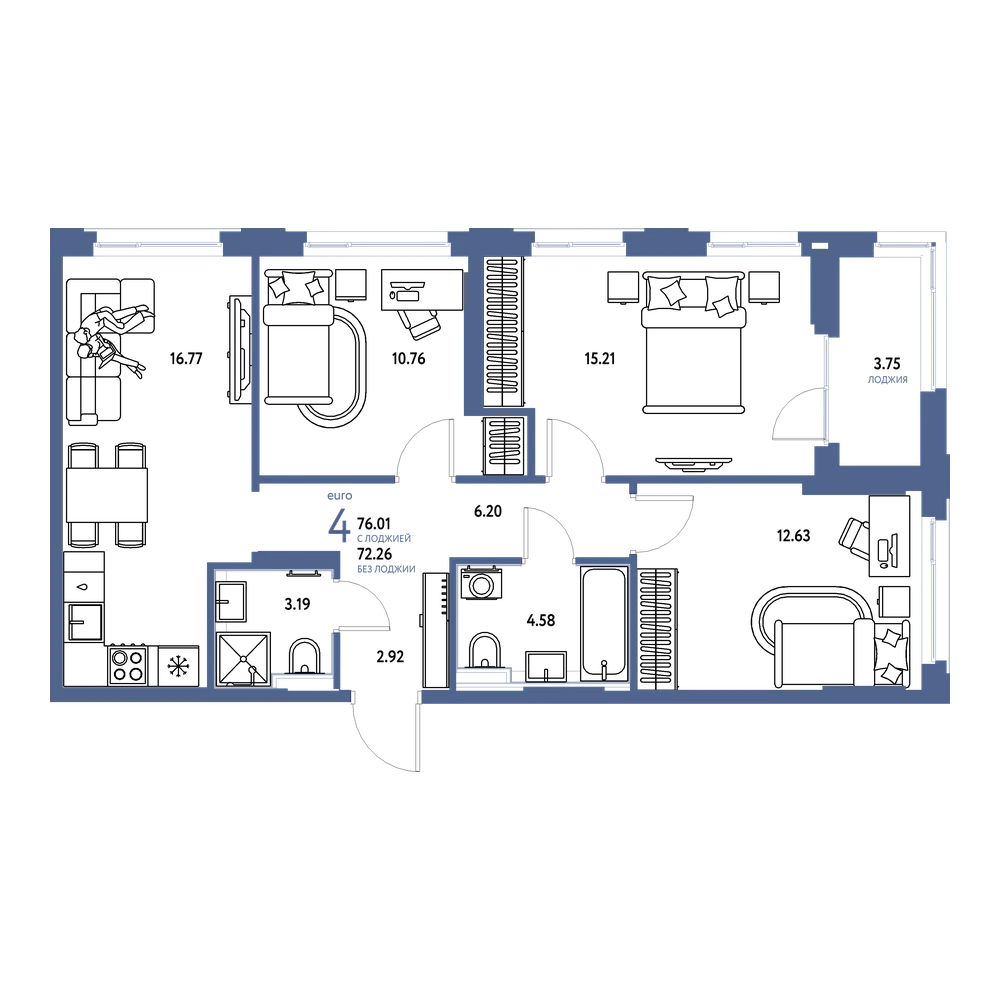 Планировка: Евро-4 76,01 м²