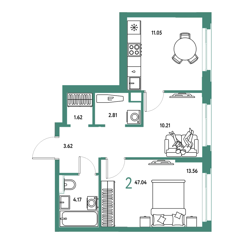Планировка: 2-комнатная 47,04 м²