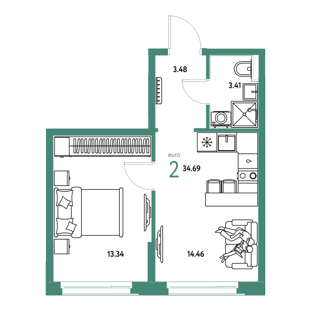 Планировка: Евродвушка 34,69 м²