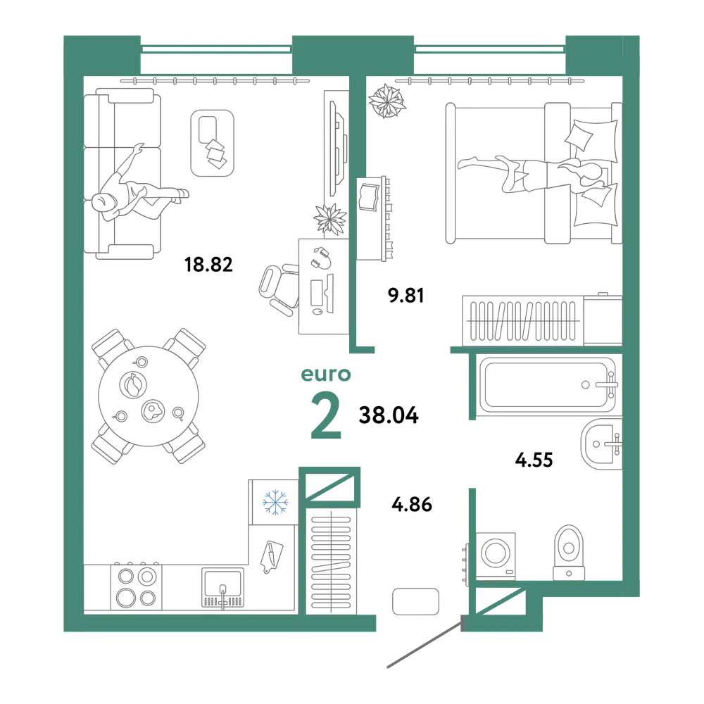Планировка: Евродвушка 38,04 м²