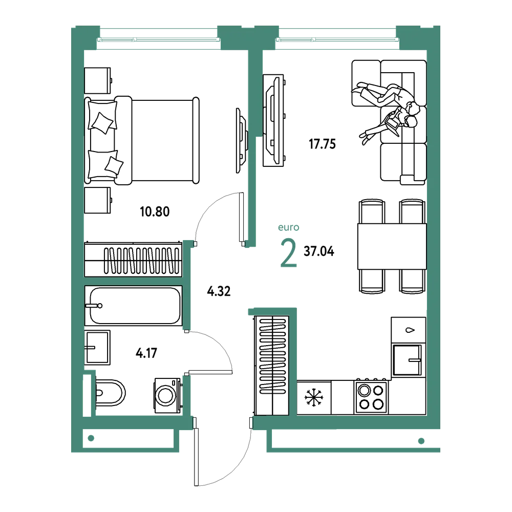 Планировка: Евродвушка 37,04 м²