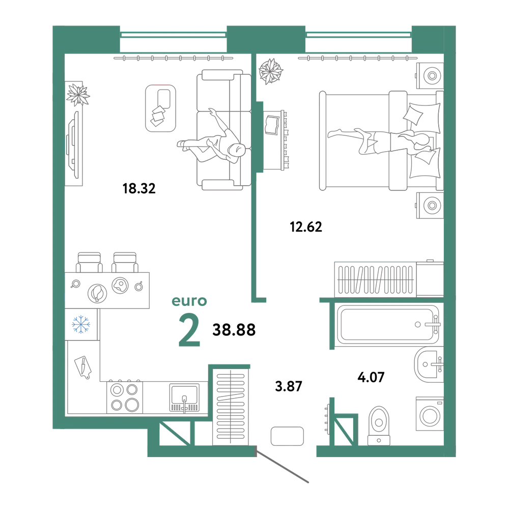 Планировка: Евродвушка 38,88 м²