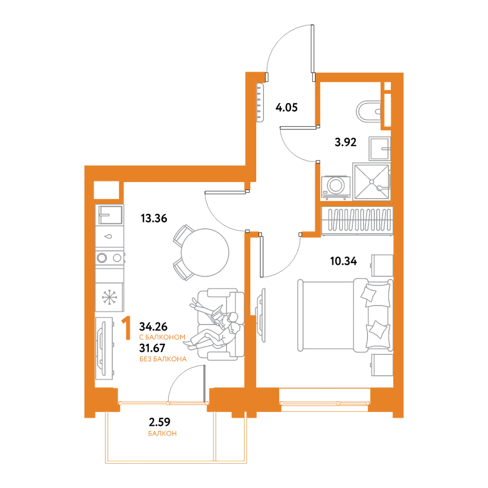 Планировка: 1-комнатная 34,26 м²
