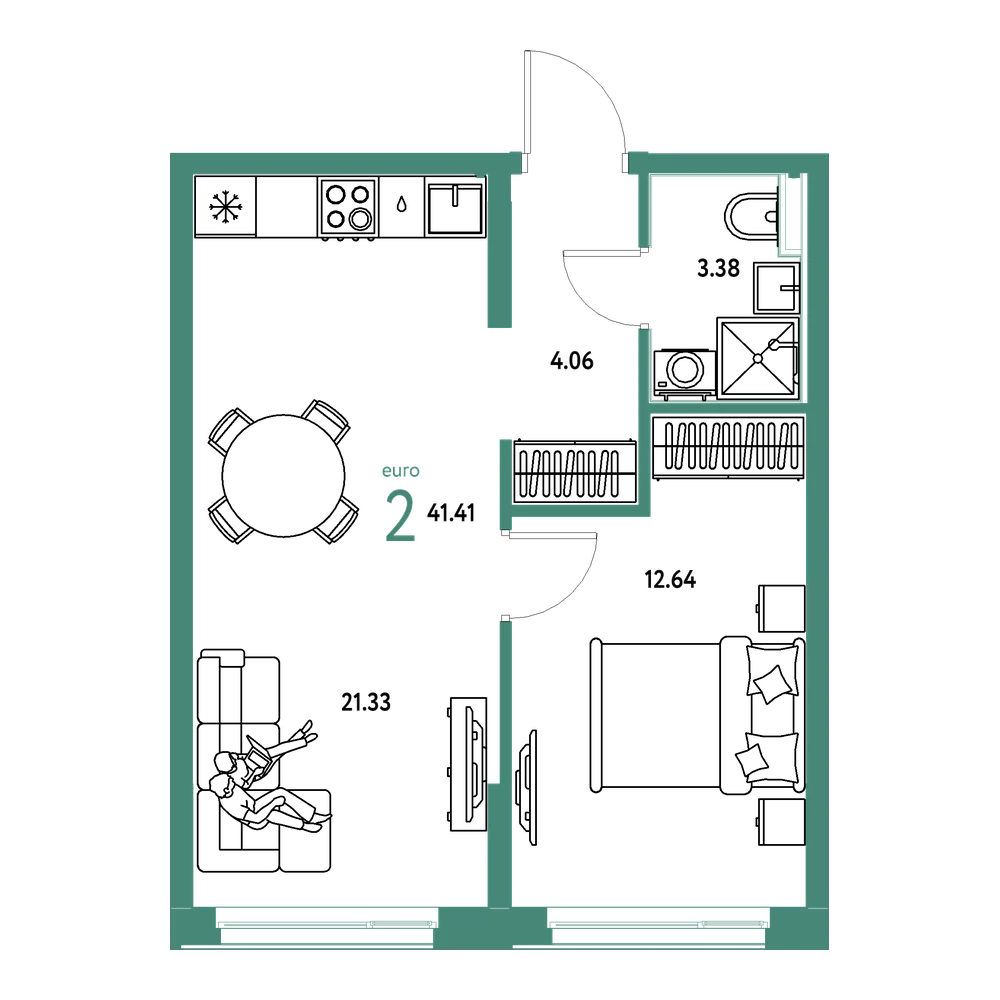 Планировка: Евродвушка 41,41 м²