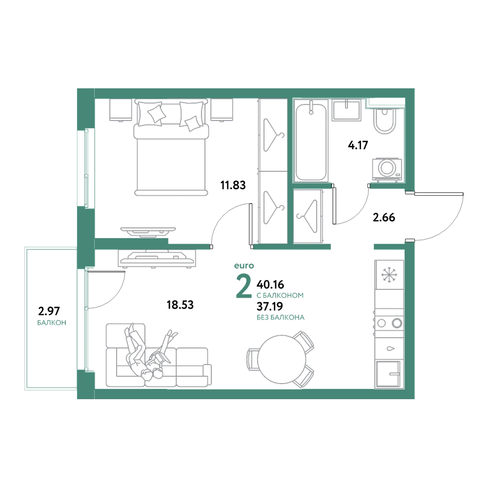Планировка: Евродвушка 40,16 м²