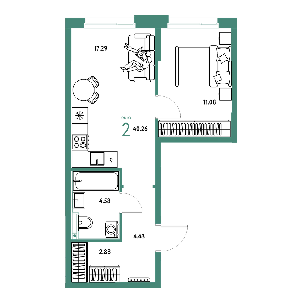 Планировка: Евродвушка 40,26 м²
