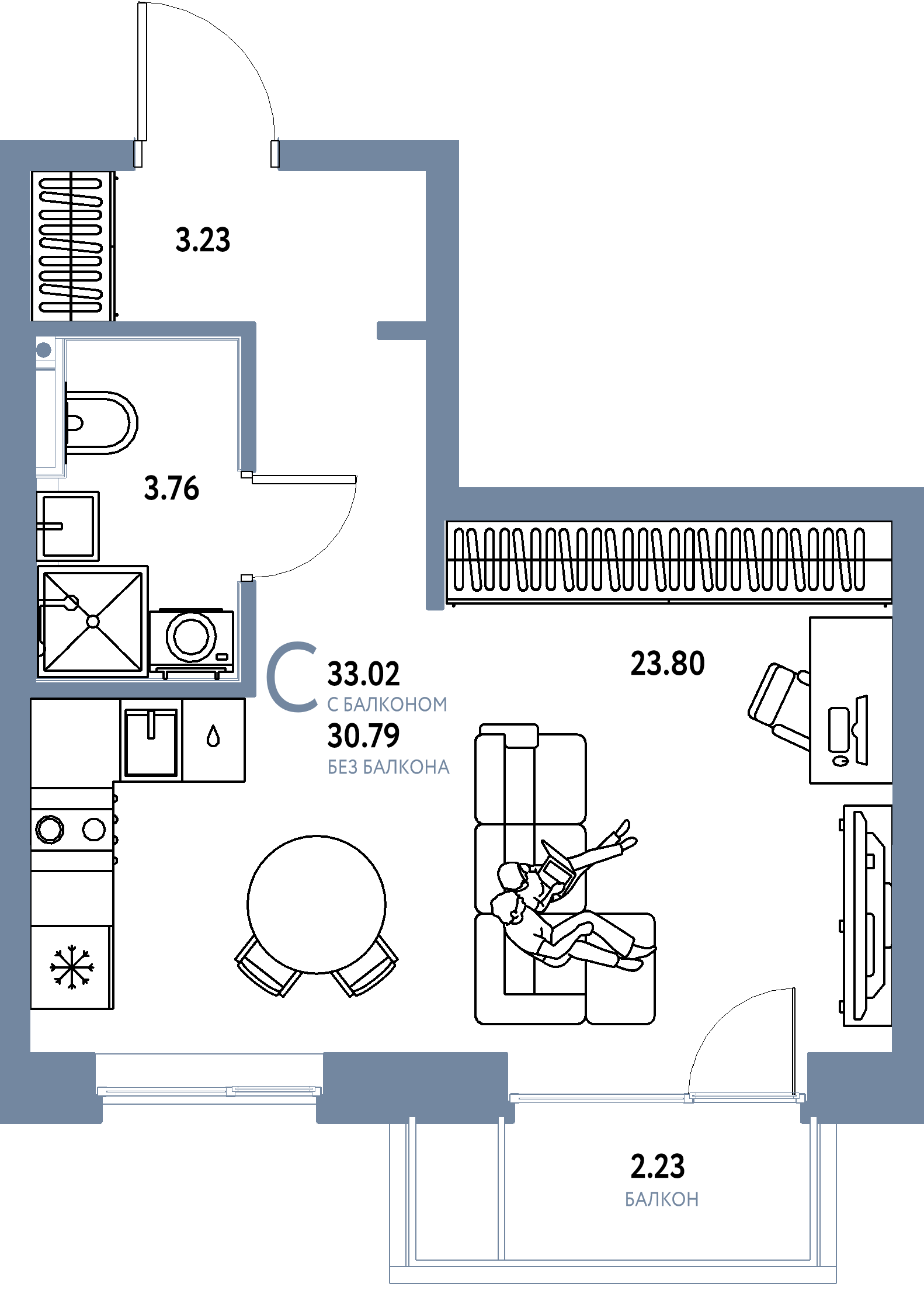 Планировка: Студия 33,02 м² в ЖК «Остров-сад»