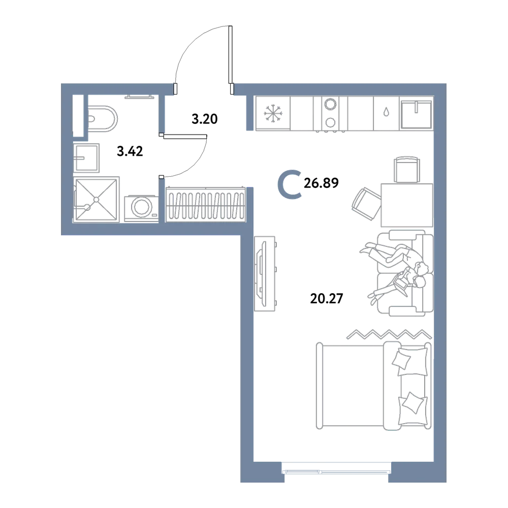 Планировка: Студия 26,89 м²