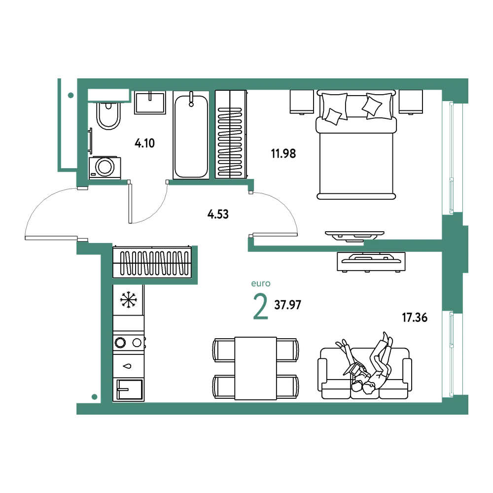 Планировка: Евродвушка 37,97 м²