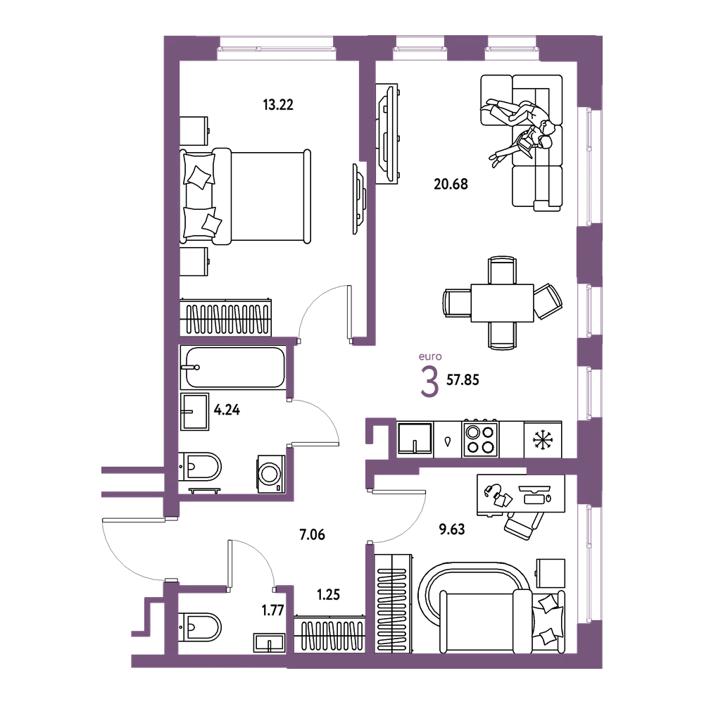 Планировка: Евротрёшка 57,85 м²