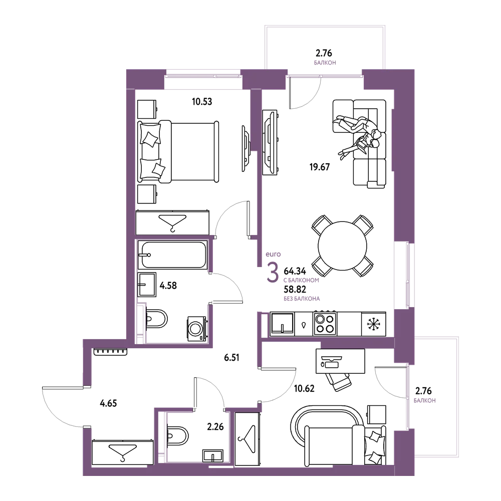Планировка: Евротрёшка 64,34 м²