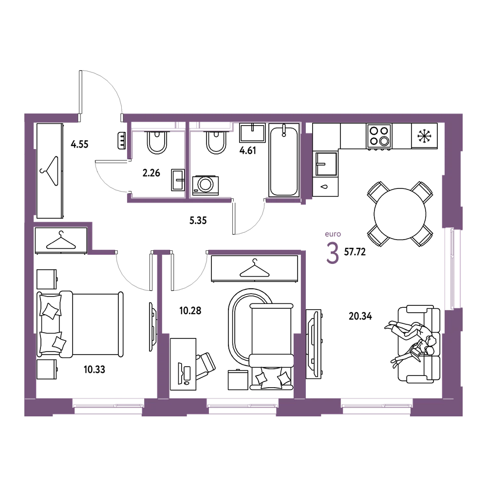Планировка: Евротрёшка 57,72 м²