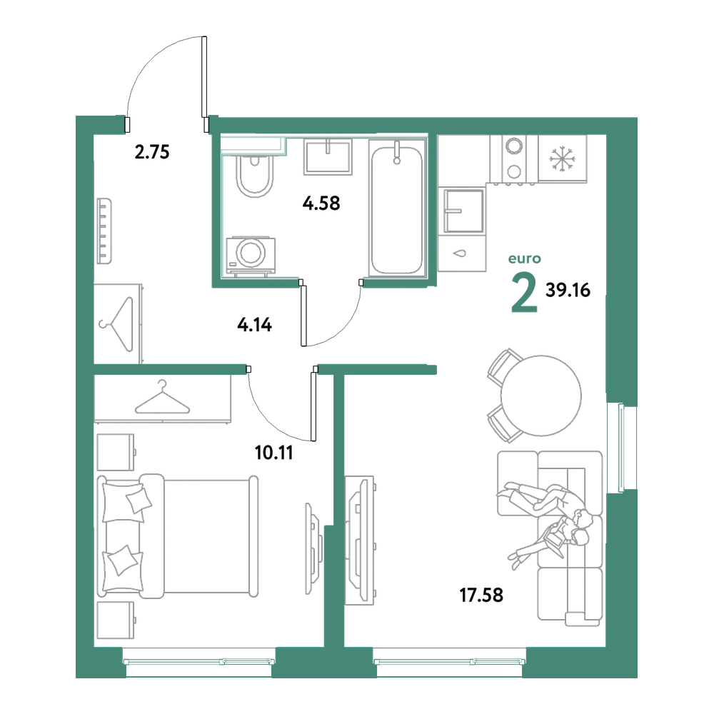 Планировка: Евродвушка 39,16 м²