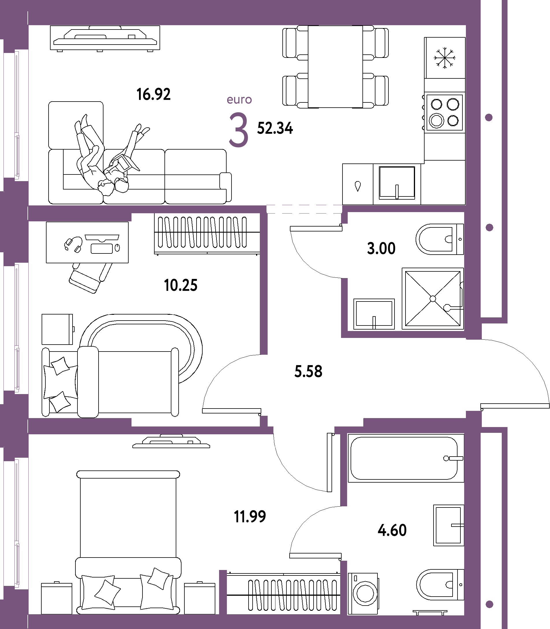 Планировка: Евротрёшка 52,34 м² в ЖК «Домашний»