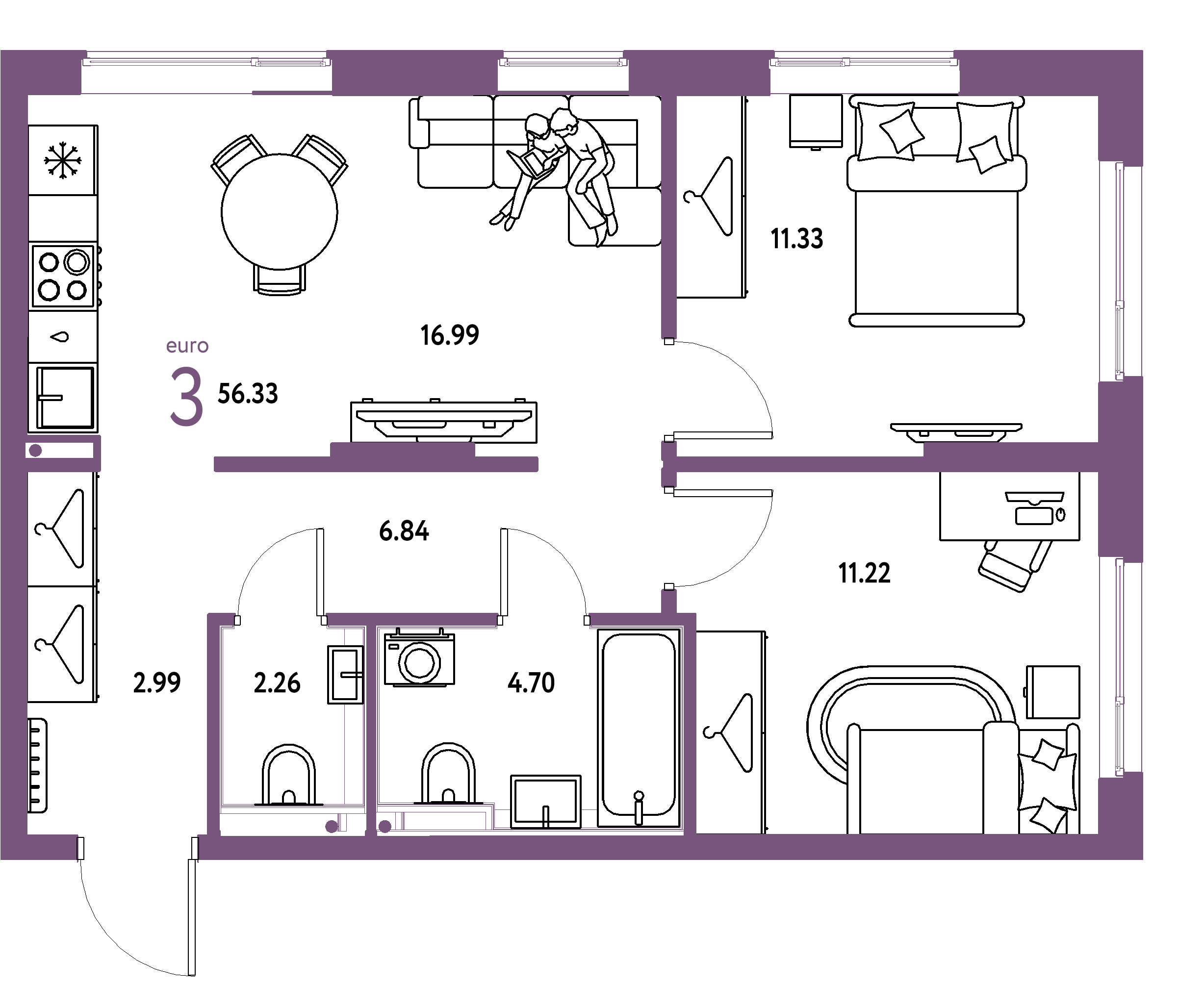 Планировка: Евротрёшка 56,33 м² в ЖК «Страна.Прибрежная»