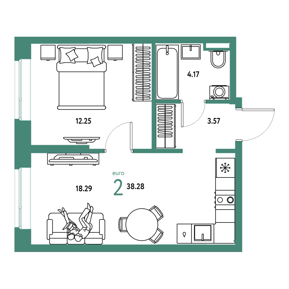 Планировка: Евродвушка 38,28 м²