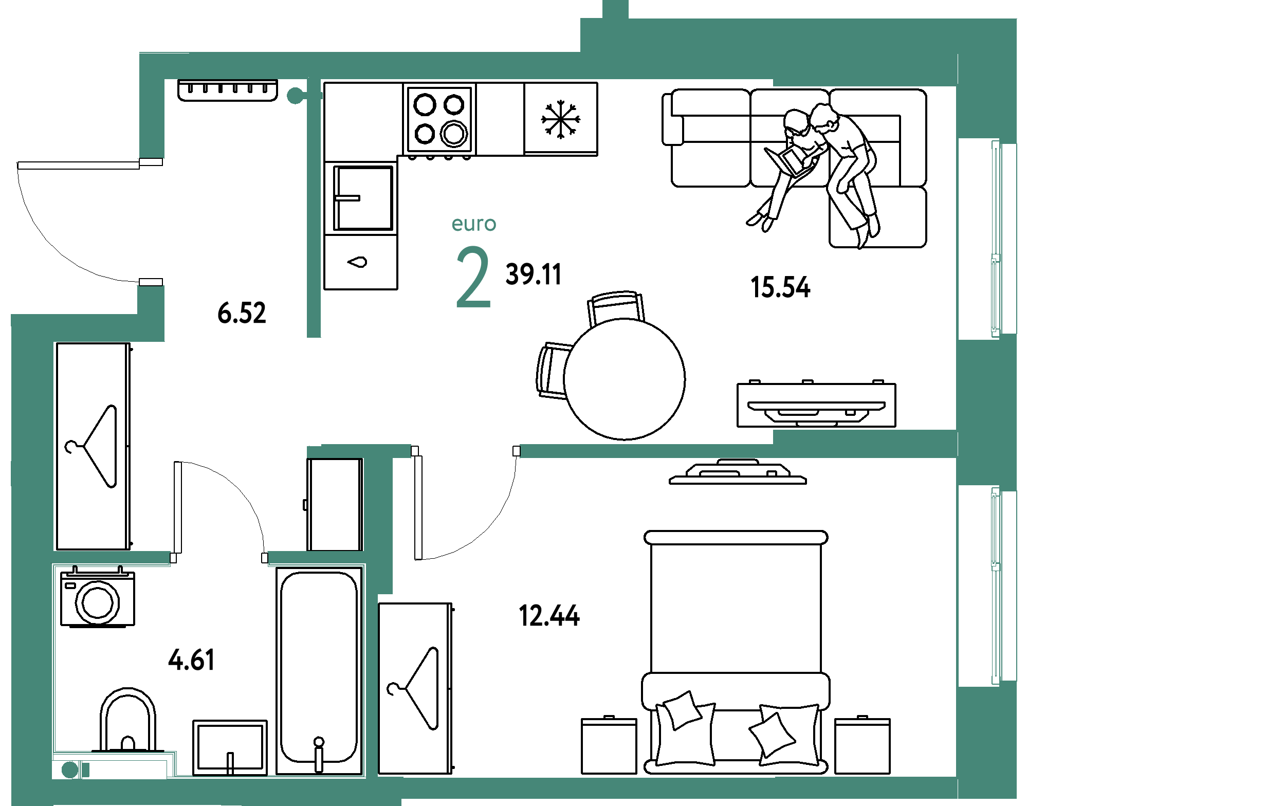 Планировка: Евродвушка 39,11 м² в ЖК «Европейский берег 2.0»