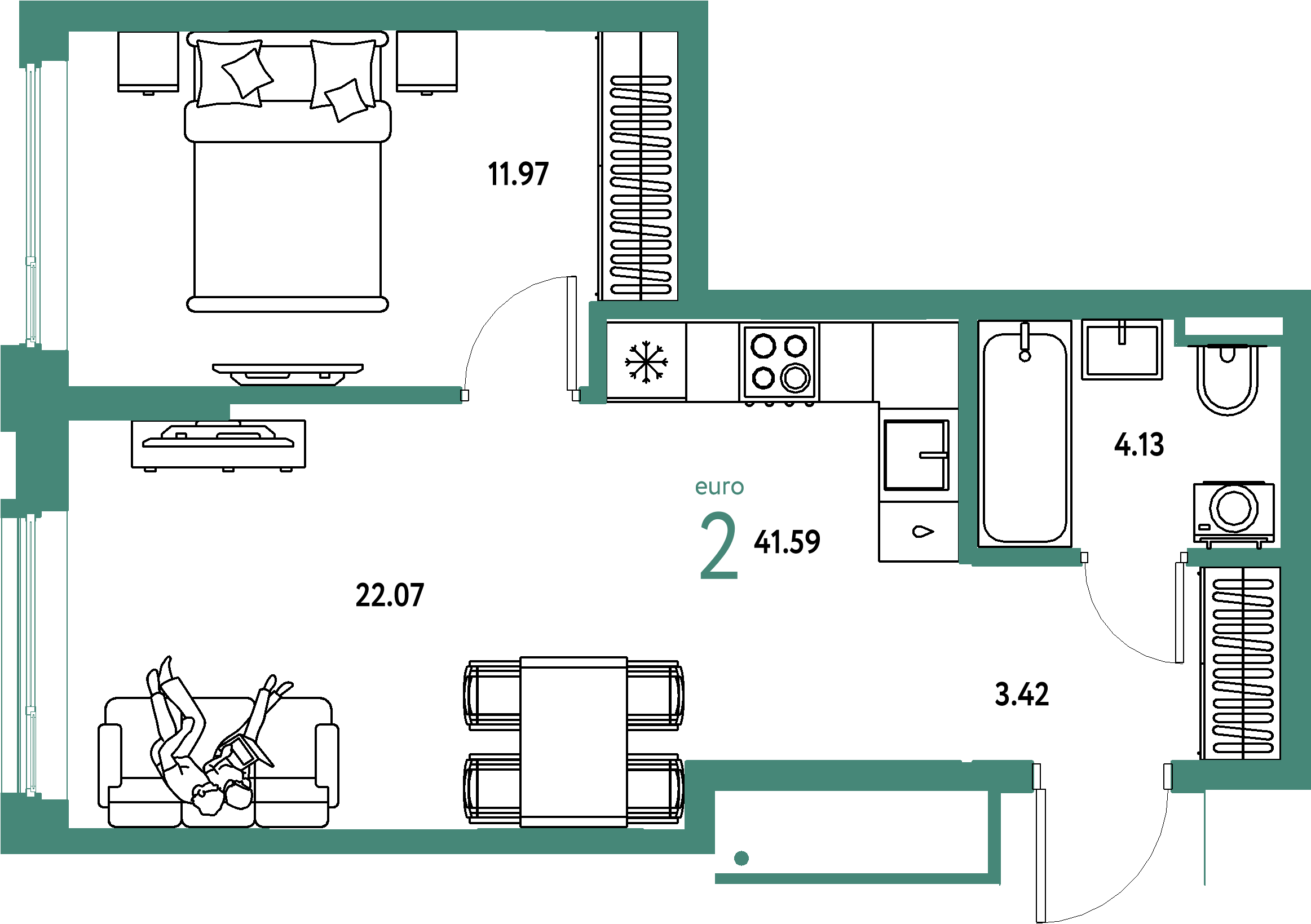 Планировка: Евродвушка 41,59 м² в ЖК «Страна.Прибрежная»