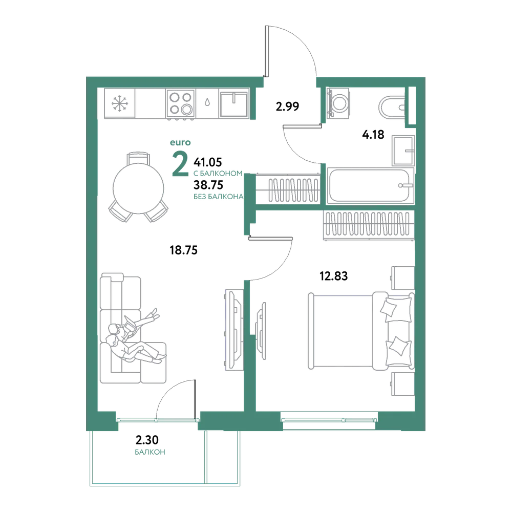 Планировка: Евродвушка 41,05 м²