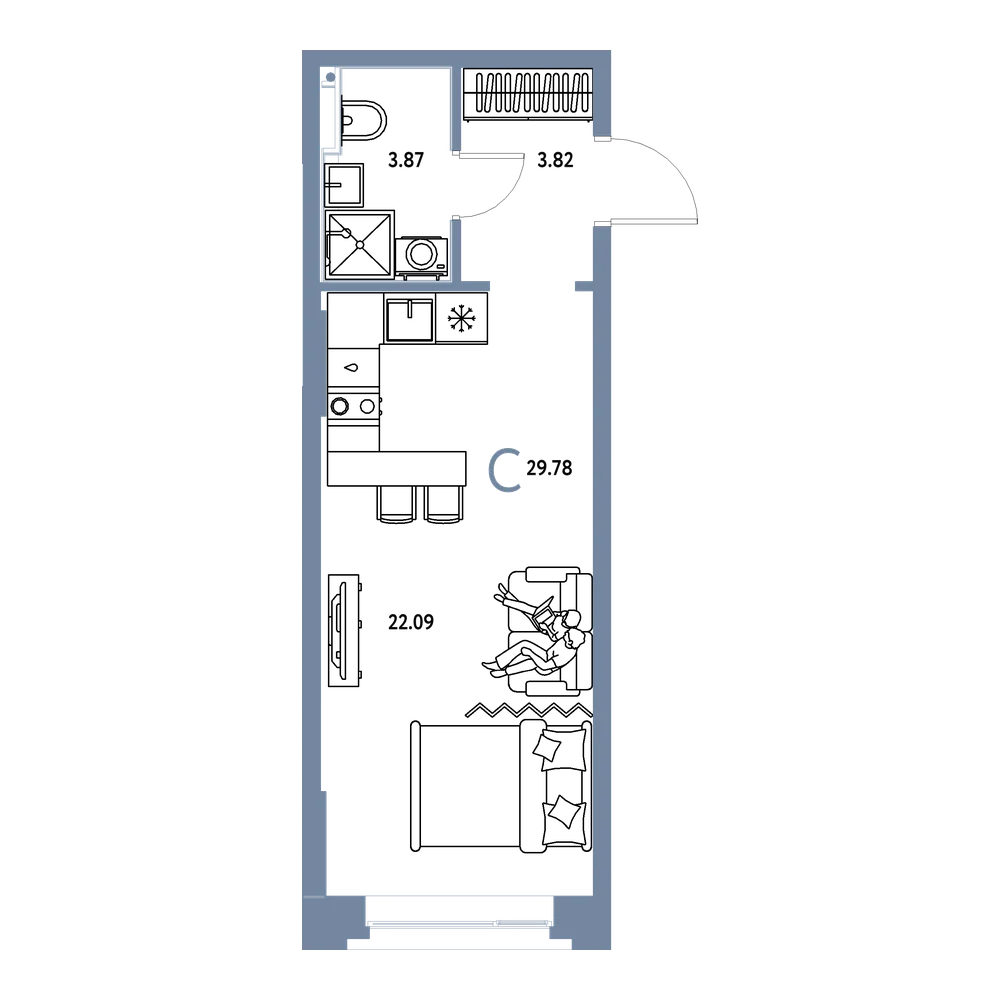 Планировка: Студия 29,78 м²