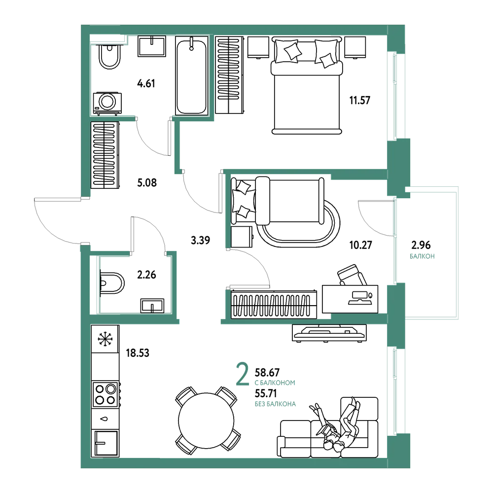 Планировка: 2-комнатная 58,39 м²