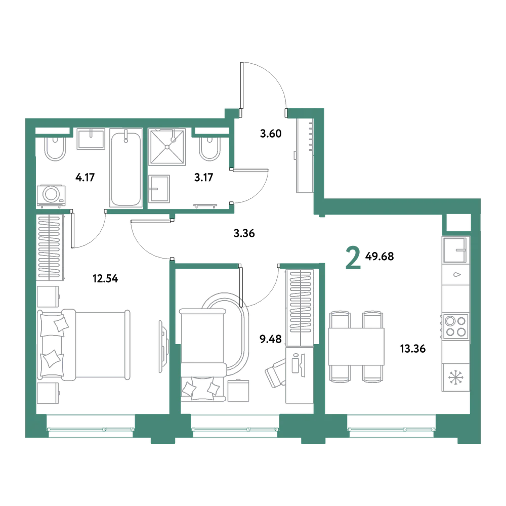 Планировка: 2-комнатная 49,68 м²