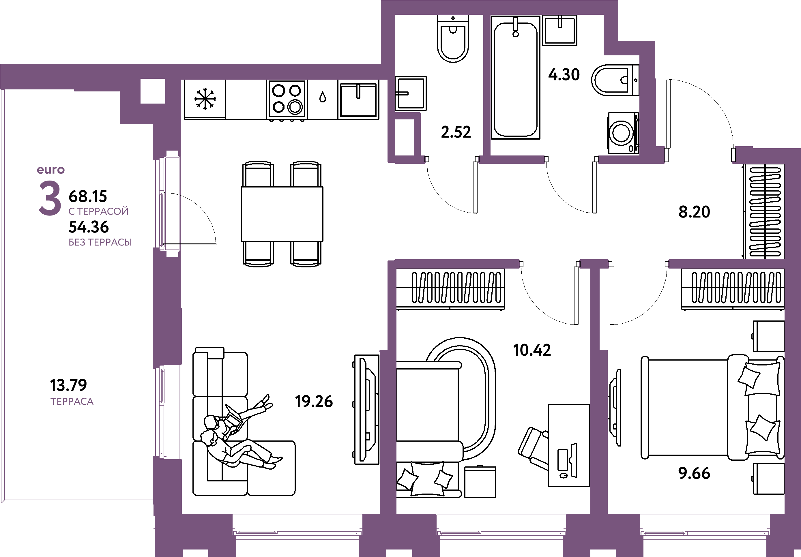 Планировка: Евротрёшка 68,15 м² в ЖК «Европейский берег 2.0»