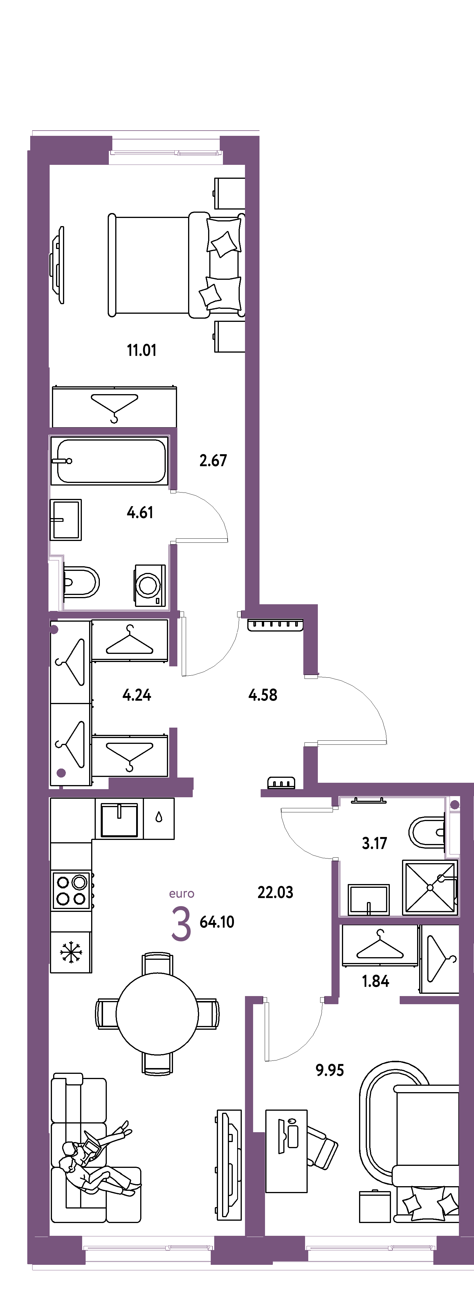 Планировка: Евротрёшка 64,1 м² в ЖК «Европейский берег 2.0»