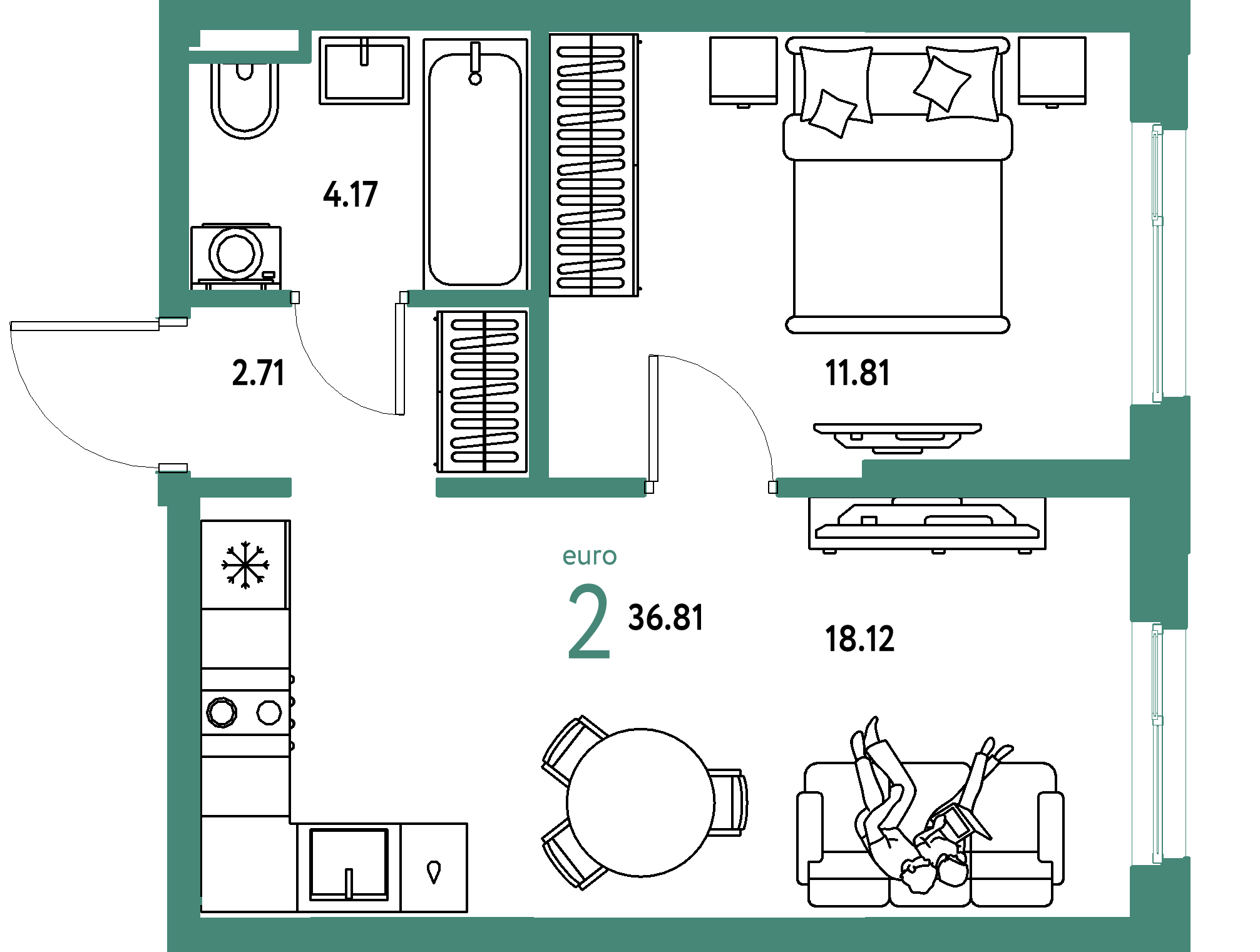 Планировка: Евродвушка 36,81 м² в ЖК «Остров-сад»