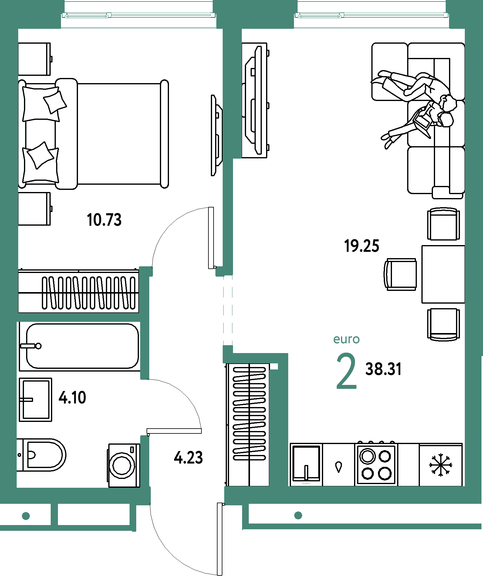 Планировка: Евродвушка 38,31 м² в ЖК «Домашний»