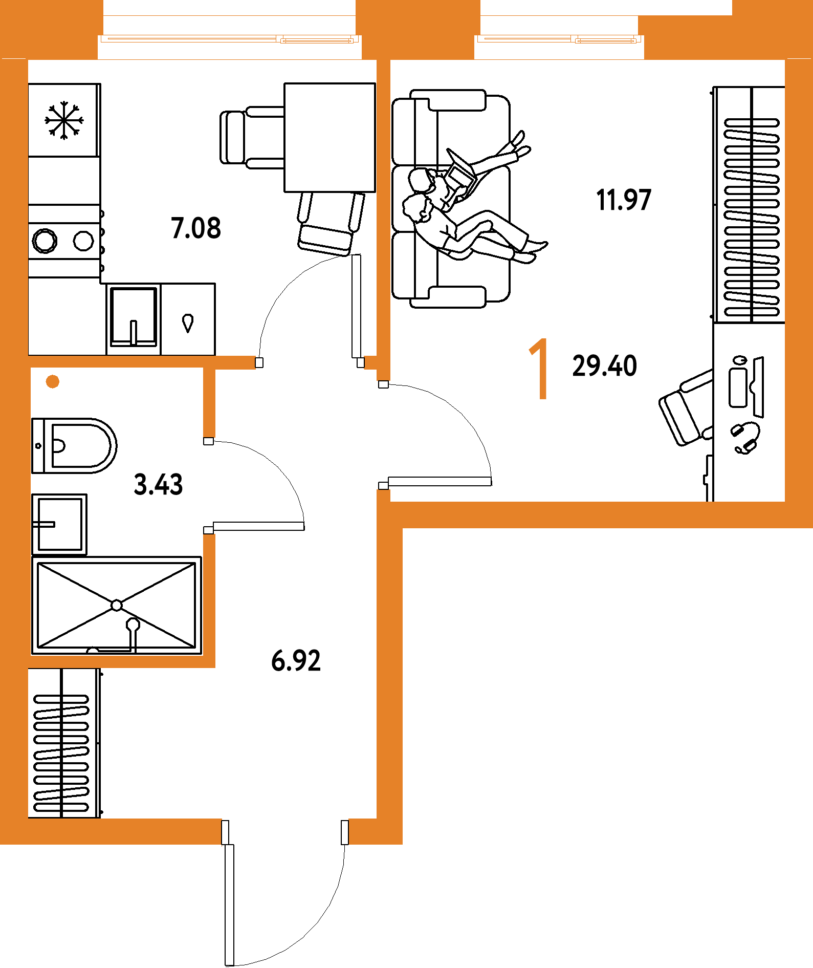 Планировка: 1-комнатная 29,4 м² в ЖК «Домашний»