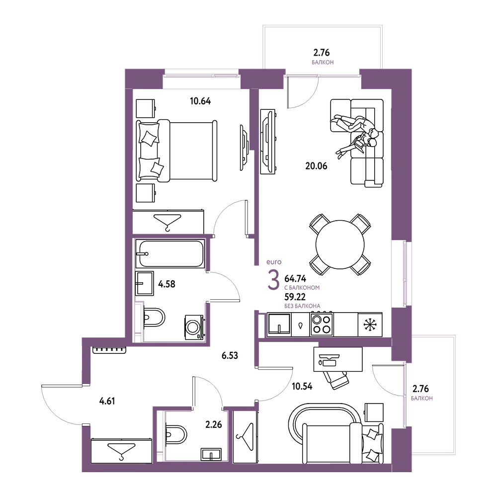 Планировка: Евротрёшка 64,74 м²