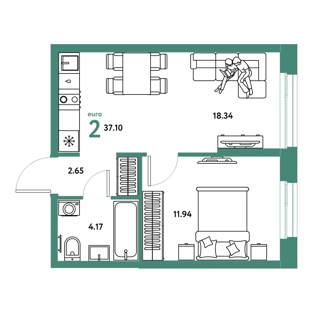 Планировка: Евродвушка 37,1 м²