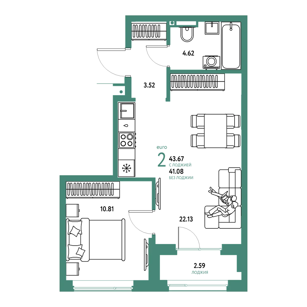 Планировка: Евродвушка 43,67 м²