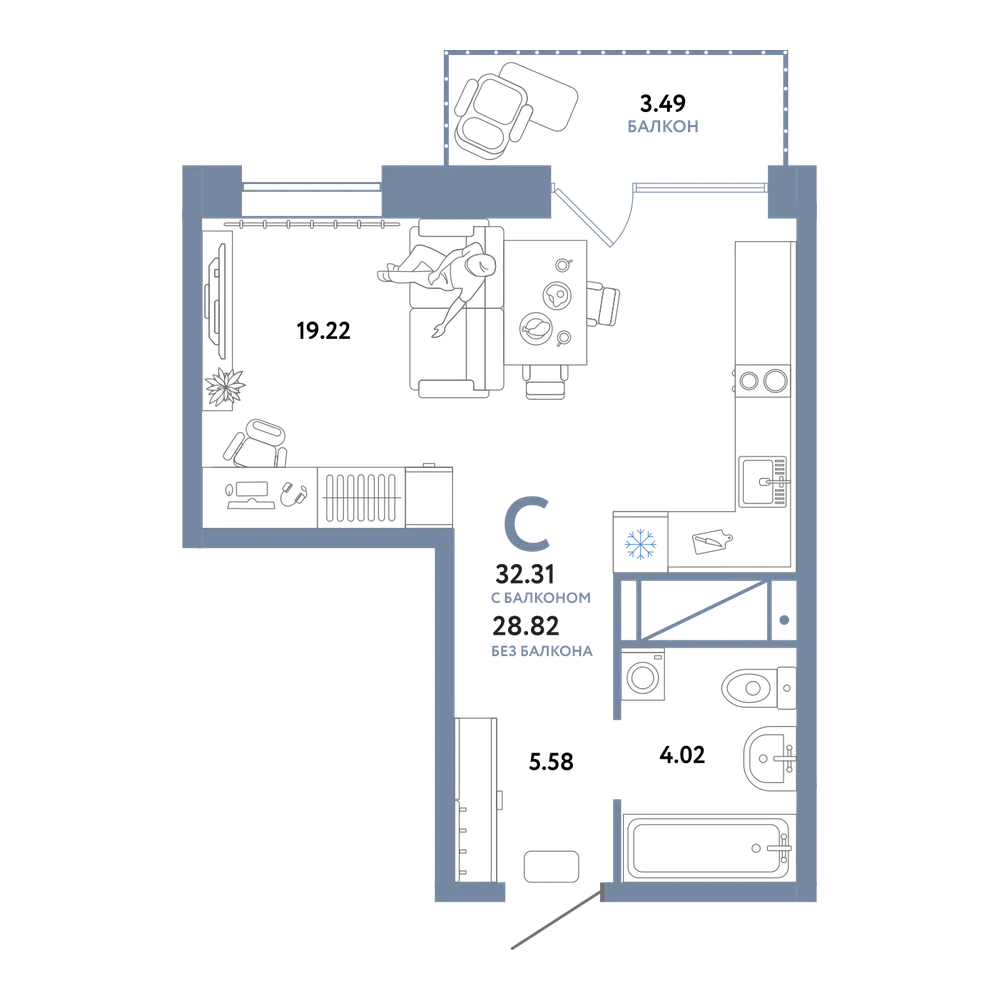 Планировка: Студия 32,31 м²
