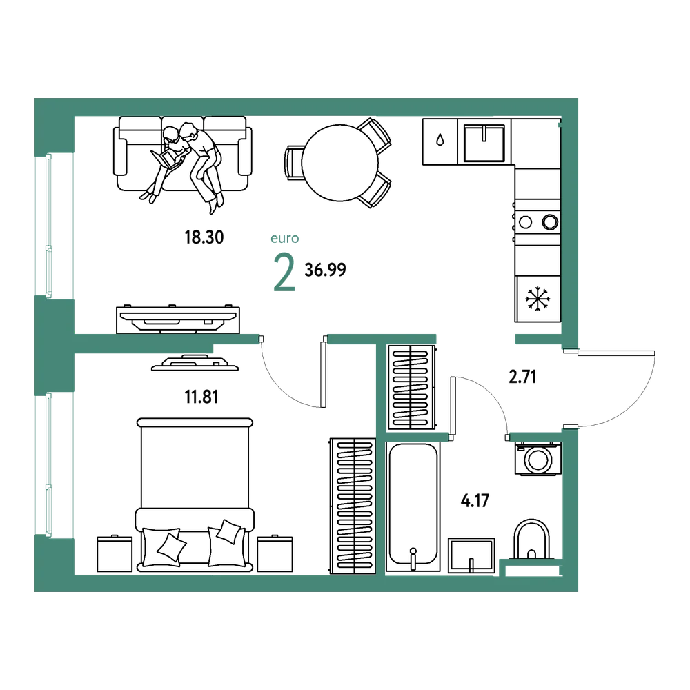 Планировка: Евродвушка 36,99 м²