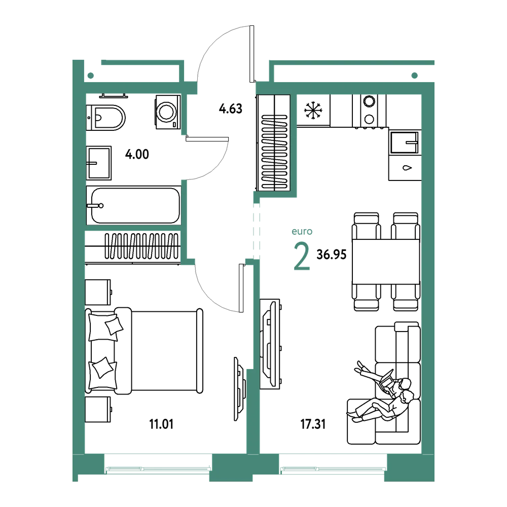 Планировка: Евродвушка 36,95 м²