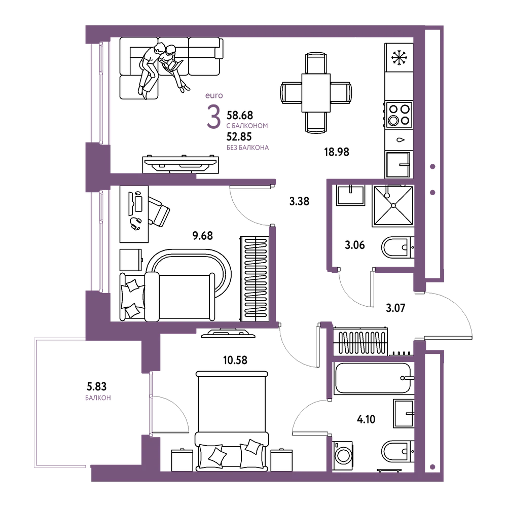 Планировка: Евротрёшка 58,68 м²