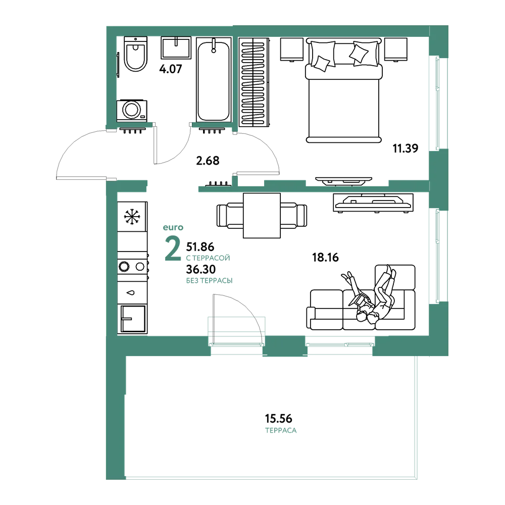Планировка: Евродвушка 51,86 м²