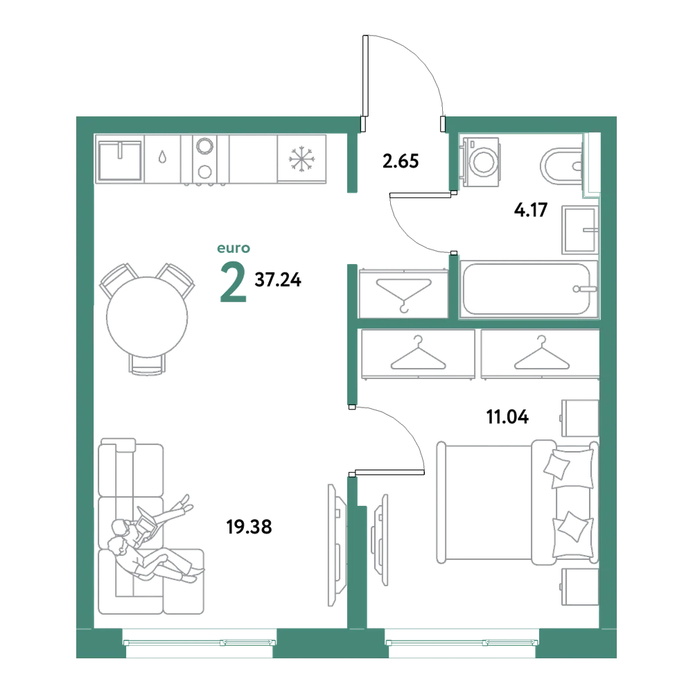 Планировка: Евродвушка 37,24 м²