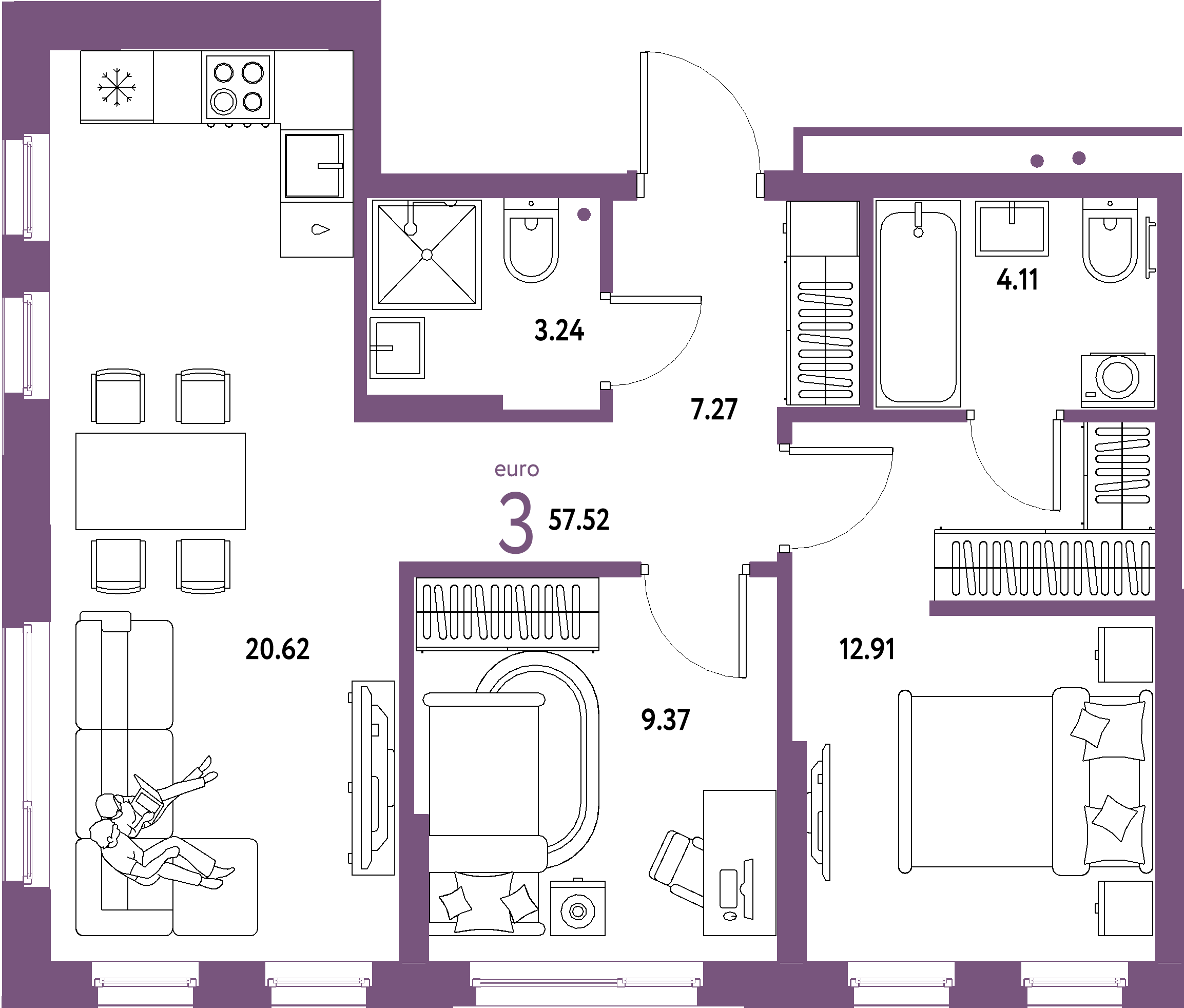 Планировка: Евротрёшка 57,52 м² в ЖК «Домашний»