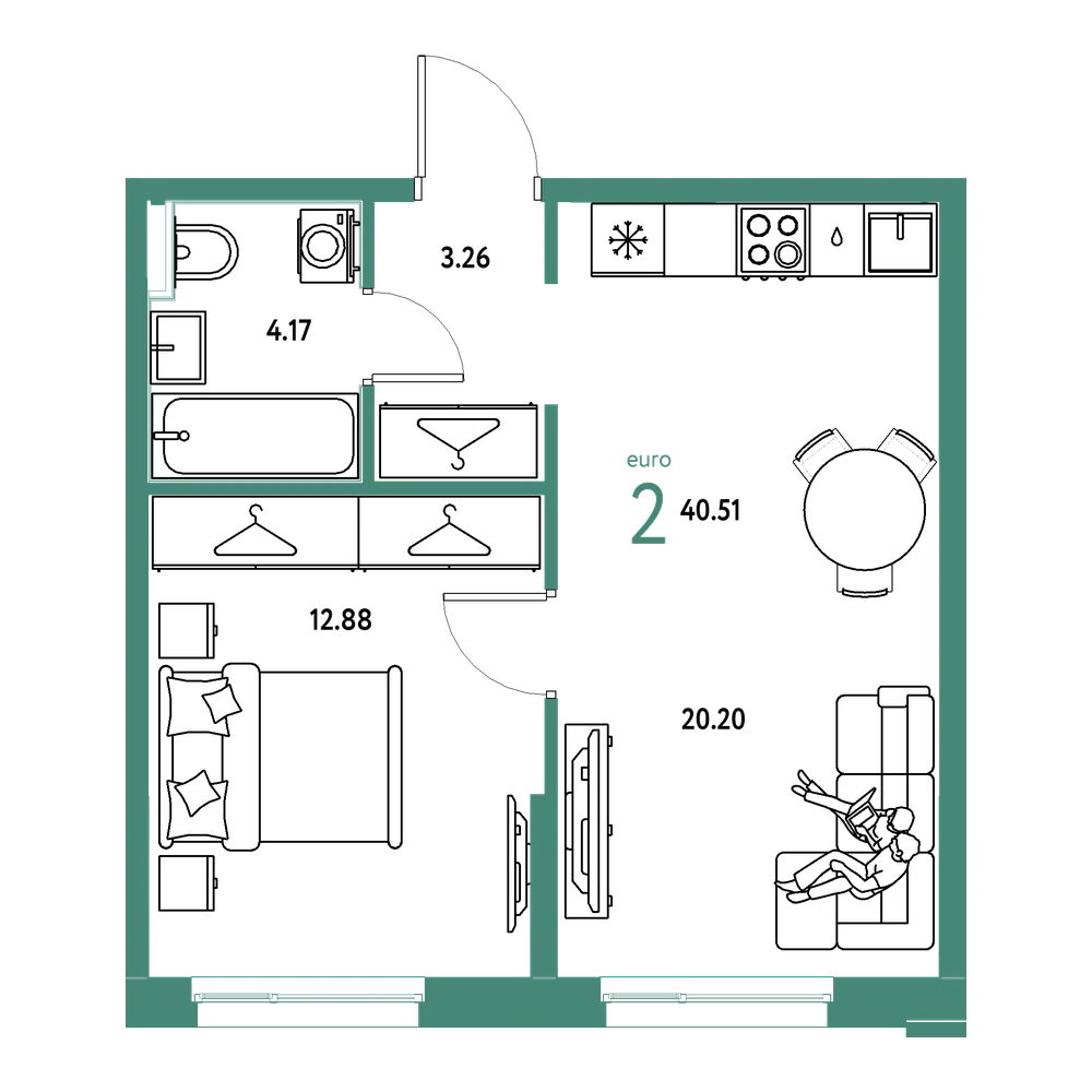 Планировка: Евродвушка 40,51 м²