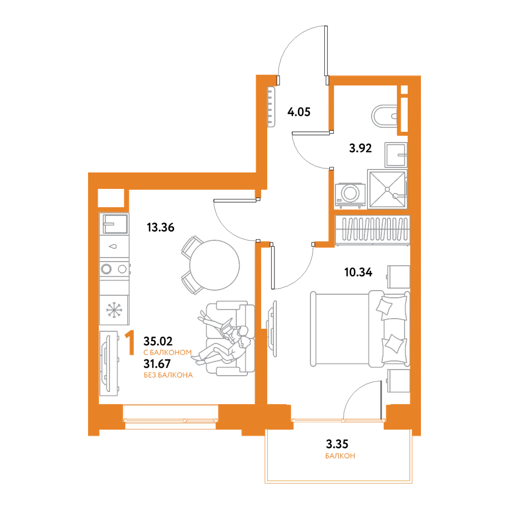 Планировка: 1-комнатная 35,02 м²