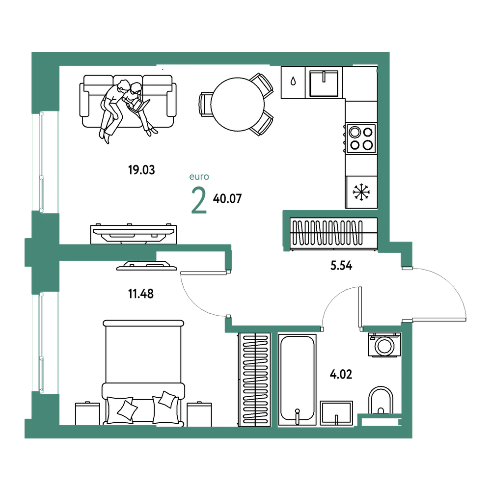 Планировка: Евродвушка 40,07 м²