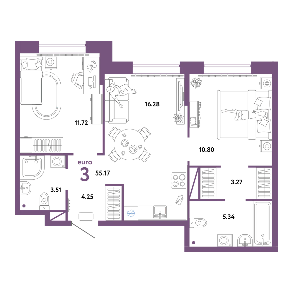 Планировка: Евротрёшка 55,17 м²