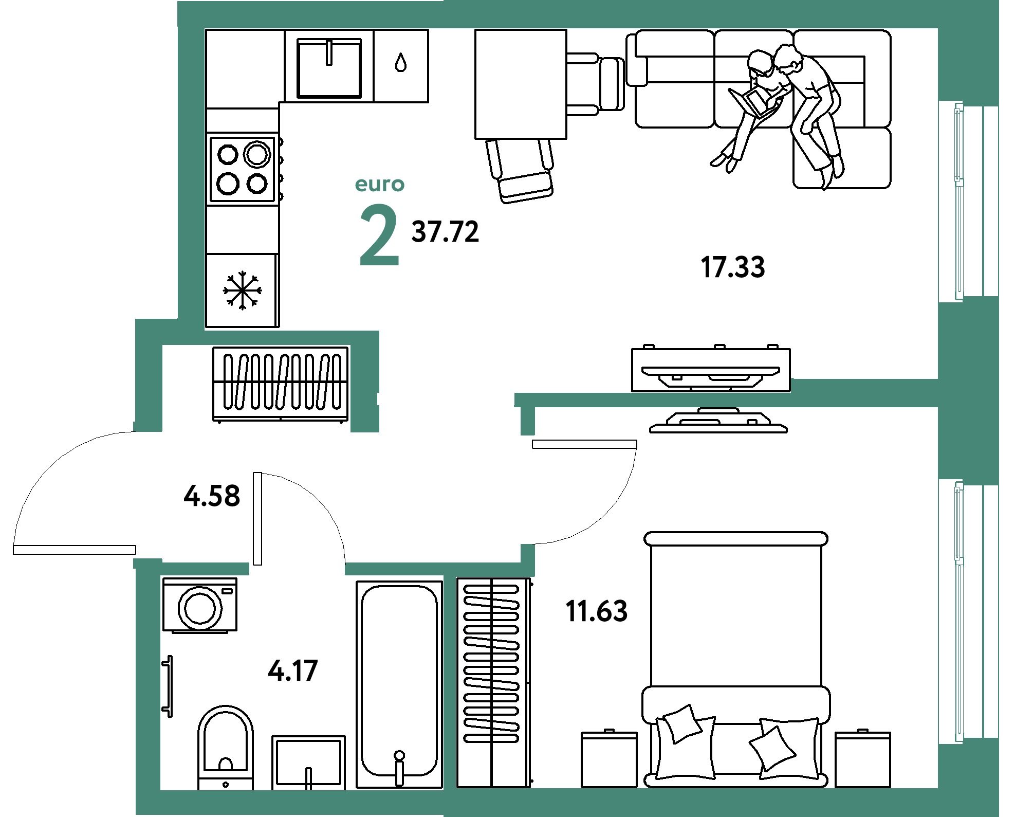 Планировка: Евродвушка 37,72 м² в ЖК «Европейский берег 2.0»