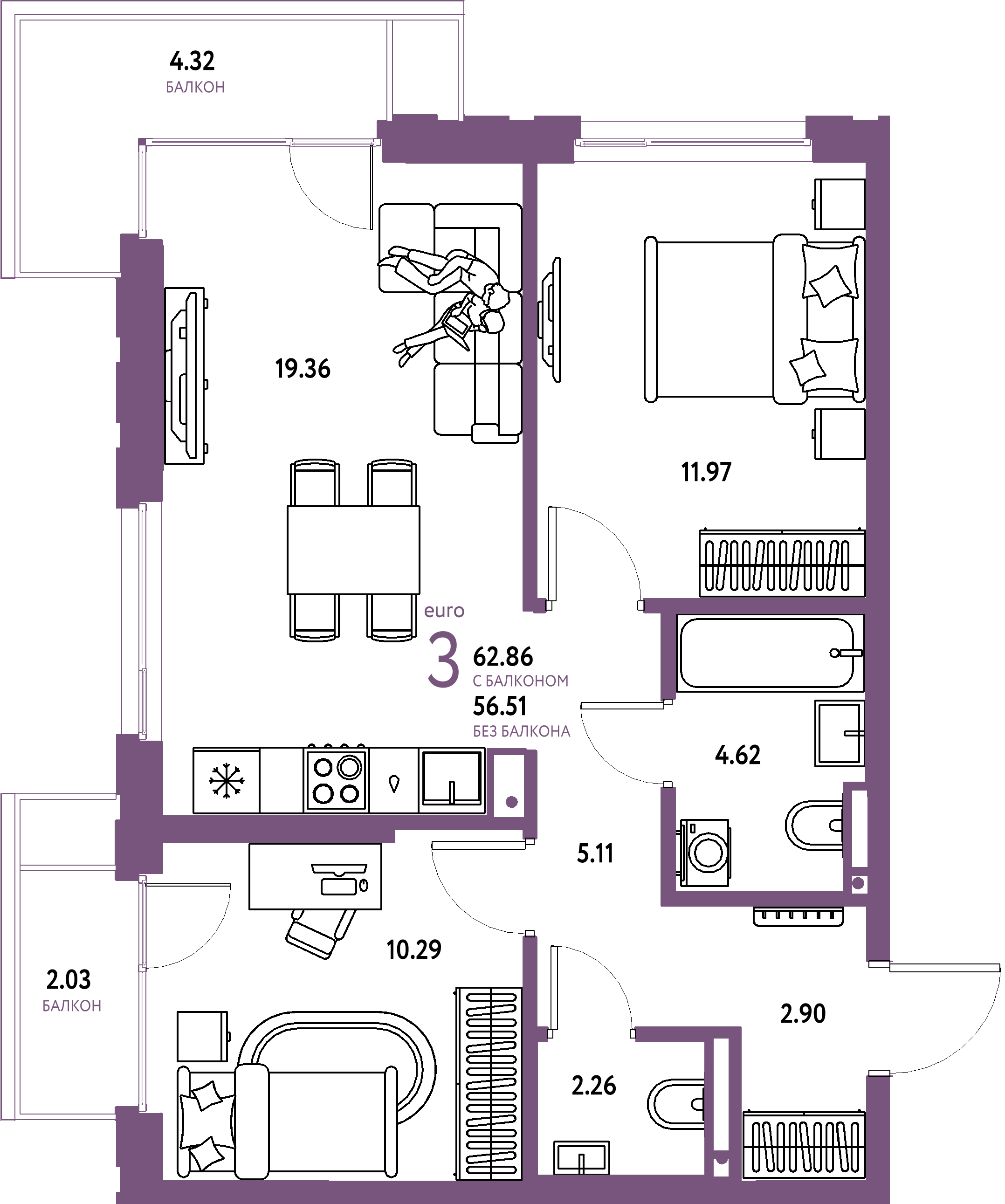Планировка: Евротрёшка 62,86 м² в ЖК «Страна.Прибрежная»