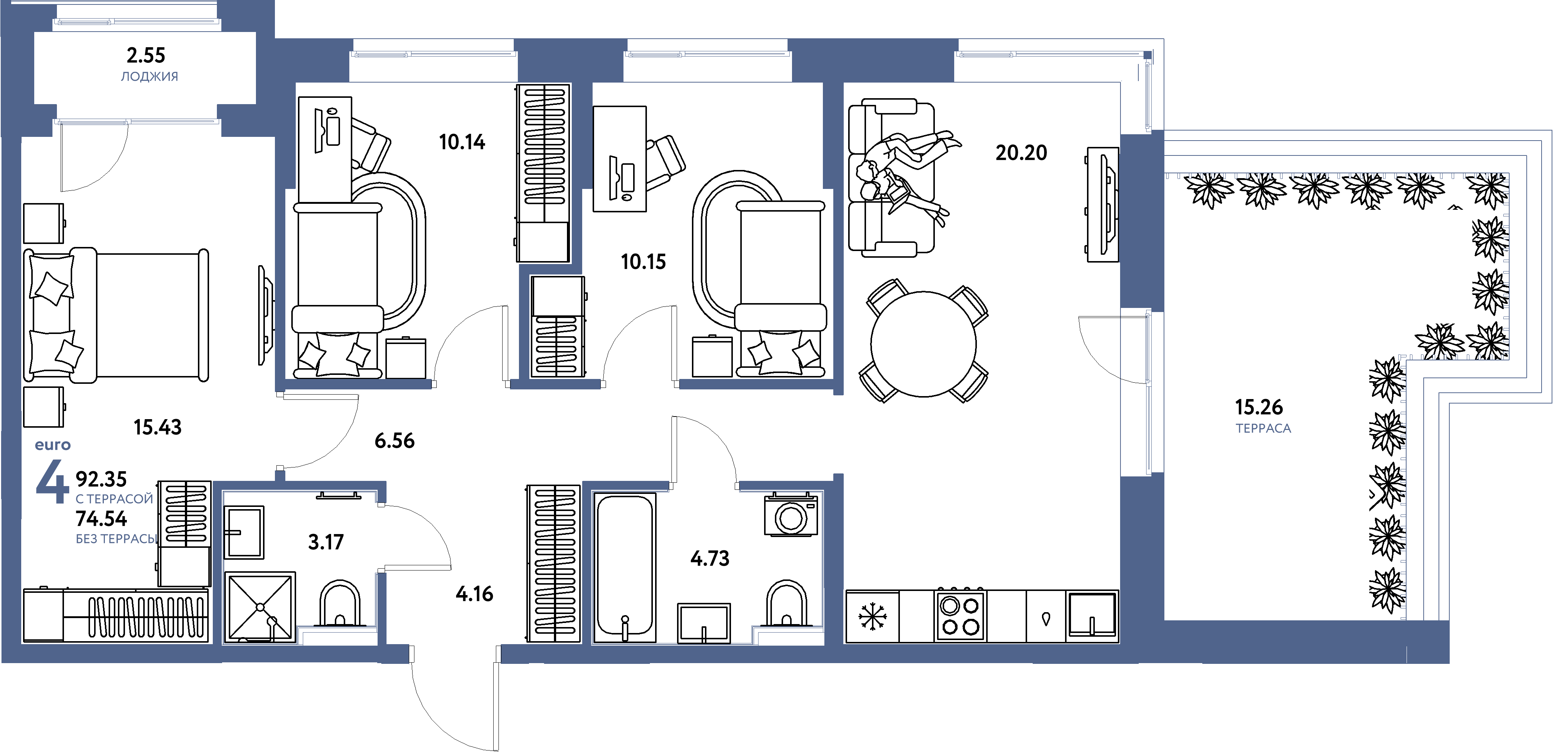 Планировка: Евро-4 92,35 м² в ЖК «Домашний»